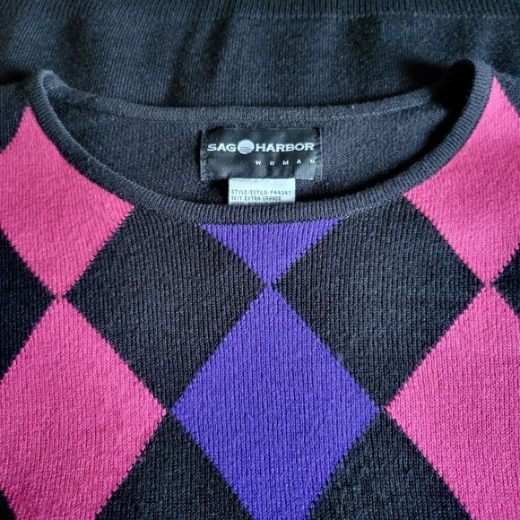 Sag Harbor Womans Black Pink Purple Harlequin Graphic Pullover Short Sleeve Shir - Picture 9 of 12